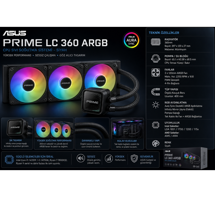FAN-ASUS PRIME LC 360 ARGB CPU SIVI SOĞUTMA SİSTEMİ - SİYAH