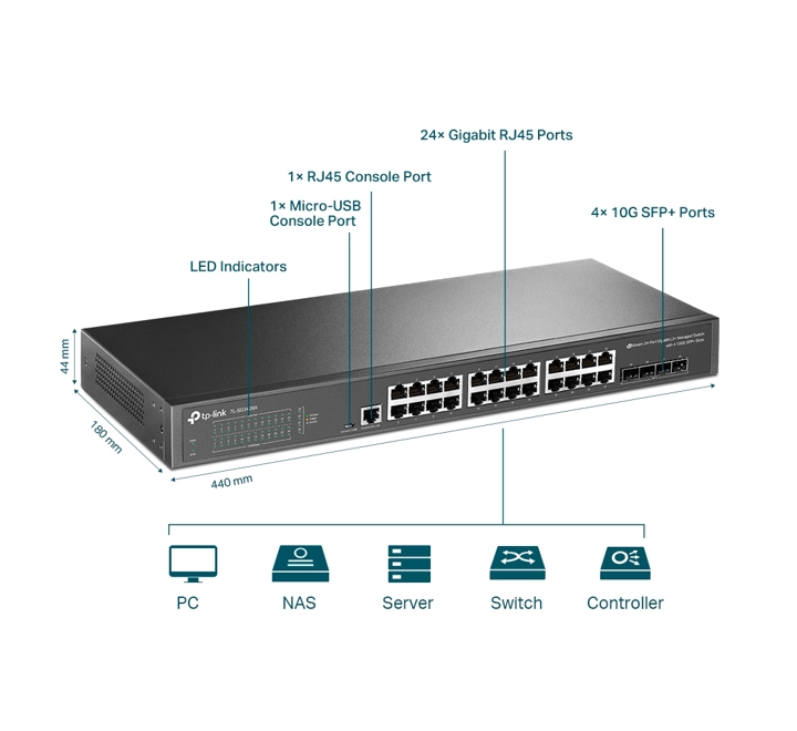 HUB-TP-LINK OMADA JETSTREAM TL-SG3428X 28(24 PORT GIGABIT 4 PORT 10GE SFP) 10/100/1000MBPS L2 YÖNETİLEBİLİR GIGABIT SWITCH