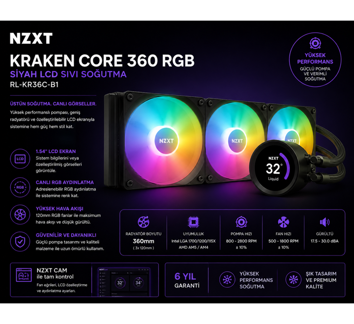 FAN-NZXT KRAKEN CORE 360 RGB SİYAH LCD SIVI SOĞUTMA - ( RL-KR36C-B1 )