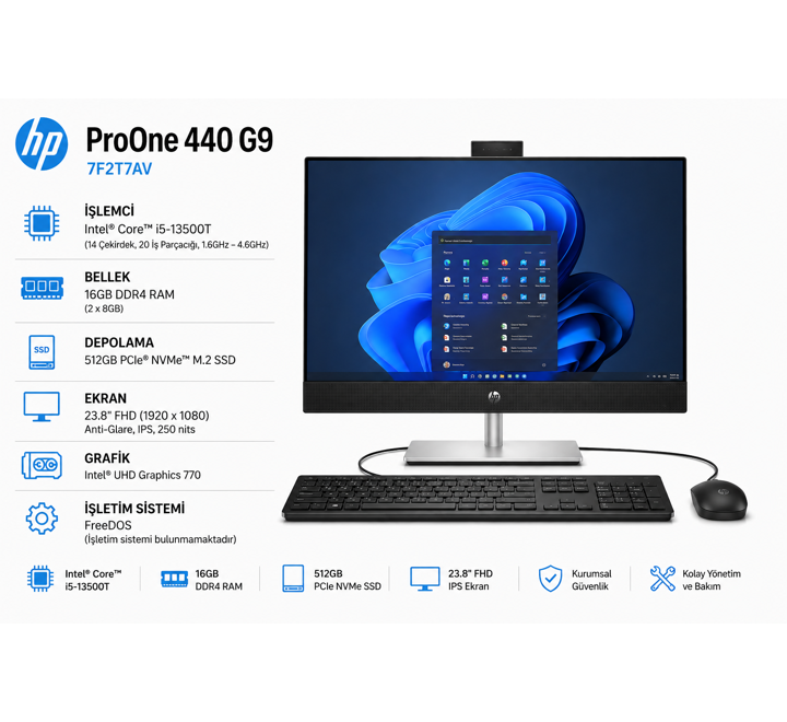 PC- HP Proone 440 G9 7F2T7AV i5-13500T 16GB RAM 512GB SSD 23.8" AIO PC 3 YIL GAR.