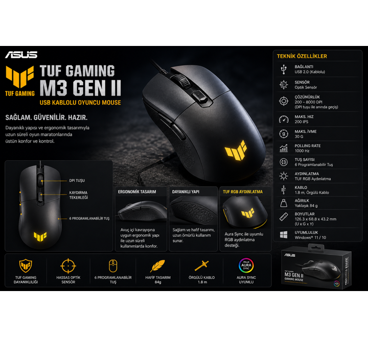 MOUSE-ASUS TUF GAMING M3 GEN II USB KABLOLU OYUNCU MOUSE