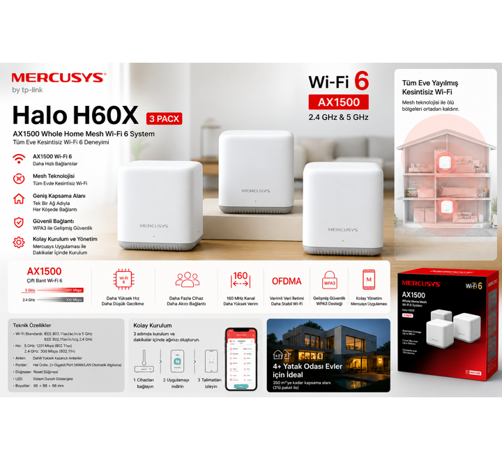 TP-LINK MERCUSYS HALO-H60X-3 PACK AX1500 2.4 GHZ & 5 GHZ MESH WIFI INDOOR ACCESS POİNT/ROUTER