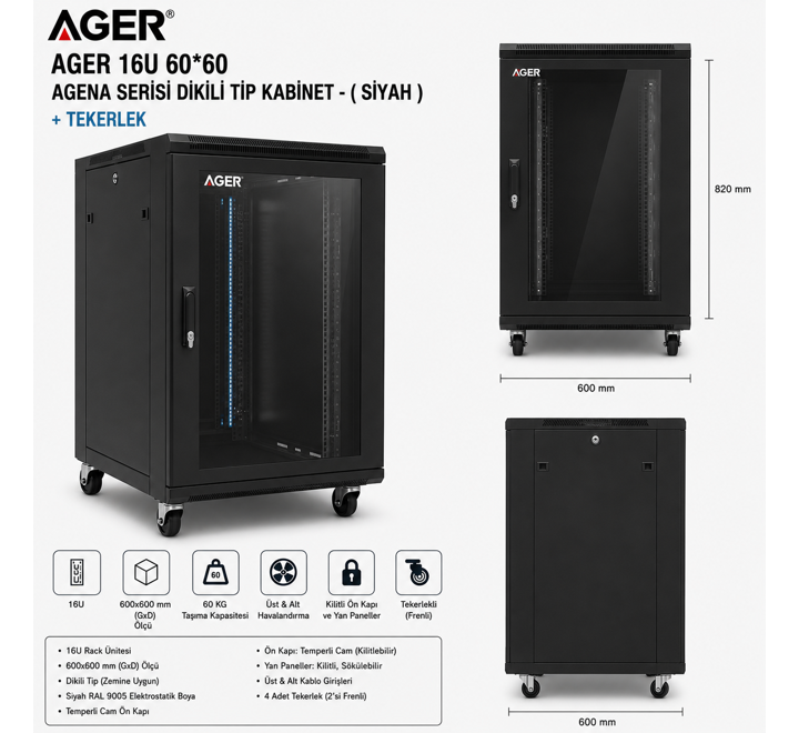 KABIN-AGER 16U 60*60 AGENA SERİSİ DİKİLİ TİP KABİNET - ( SİYAH ) 