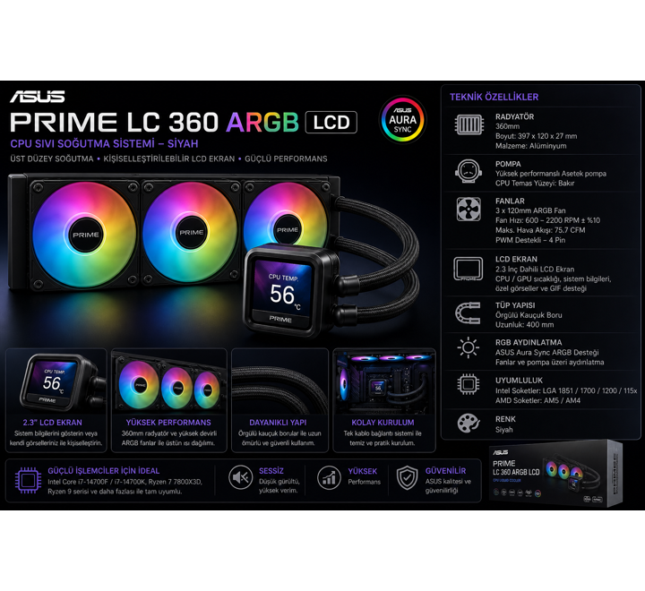 FAN-ASUS PRIME LC 360 ARGB LCD CPU SIVI SOĞUTMA SİSTEMİ - SİYAH