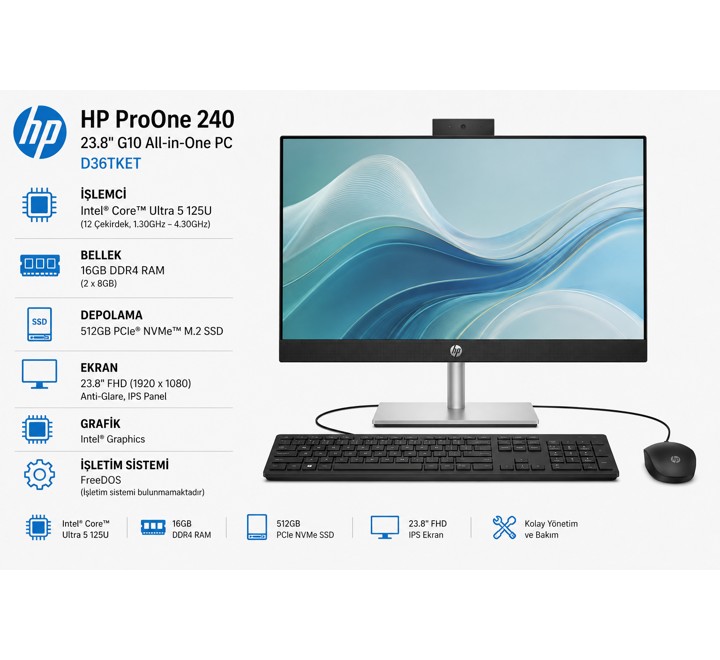 PC-HP PROONE 240 23.8" G10 D36TKET U5-125U 16GB 512GB SSD FHD AIO DESKTOP PC