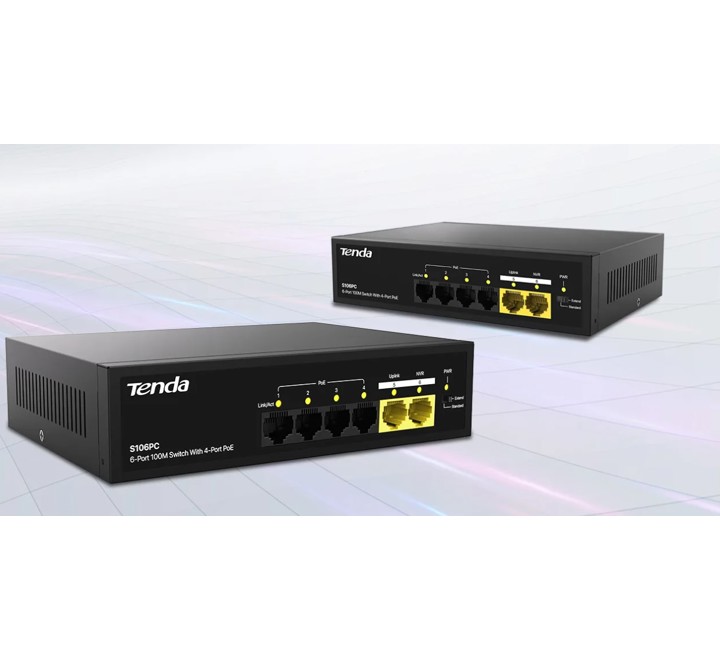 HUB-TENDA SG106PC 6 PORT 4 PORT POE+ 10/100/1000 Mbps + 2 PORT UPLINK ÇELİK KASA SWITCH